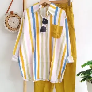 New Women's Stripe Fashion Pocket Set Casual Long Sleeve Pants Two Piece Set