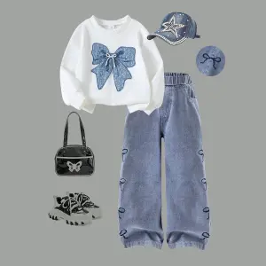 European and American Spring and Autumn Trends Girls' round neck bow long sleeved T-shirt denim jeans two-piece set