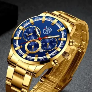 KCM-Fashion Mens Watches Luxury Men Sports Gold Stainless Steel Quartz Wrist Watch Man Business Casual Leather Watch