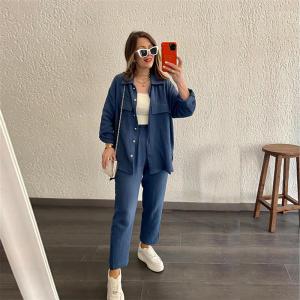 Euramerican new large size women's two-piece loose long-sleeved shirt nine-minute trousers casual sports suit