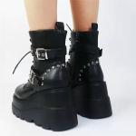 Women Motorcycle Boots Fashion Buckle Martin Boots PU leather Women Mid-Calf Boots High Platform Wedges Boots Shoes