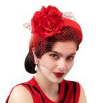 KCM-New Dopamine Colorful Thickened Wide Edge Hair Band Red Flower Hat Wedding Hat Mesh Headband Cover Face Veil