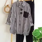KCM-New Women's Stripe Fashion Pocket Set Casual Long Sleeve Pants Two Piece Set