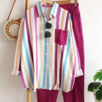 KCM-New Women's Stripe Fashion Pocket Set Casual Long Sleeve Pants Two Piece Set