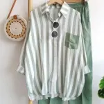 KCM-New Women's Stripe Fashion Pocket Set Casual Long Sleeve Pants Two Piece Set