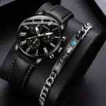 Fashion Men Watch Set gift 2 pcs / set black leather simple business mens Quartz watch with Bracelet For Men