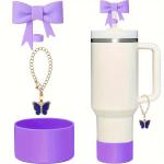 KCM-3pcs Accessories Set for Stanley Tumbler with Handle 30oz 40oz Straw Topper Cover Diamond Butterfly Charm Glitter Silicone Boot
