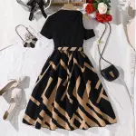 KCM-New 8-12Y Girls' Dress Summer European and American Fashion Print Off Shoulder Short Sleeved Waist Cinching Elegant Long Skirt