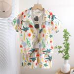 KCM-Boys Floral Printed Clothes Set Summer Sleeve Children's Shirt Top+Pants 2Pcs Kids Holiday Beach Outfit