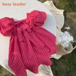 KCM-Bear Leader Rose Pink Plaid Bow Dress Elegant Lolita Child Big Girls Midi Dress Children Dresses Teens Party Princess Sundress
