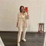 KCM-Euramerican new large size women's two-piece loose long-sleeved shirt nine-minute trousers casual sports suit